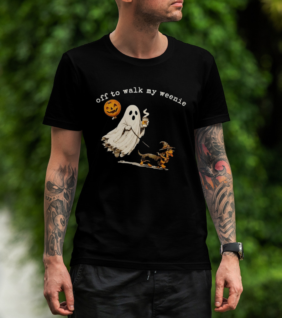 Ghost Walking With Pumpkin Balloon And Dachshund Halloween Fun T-Shirt