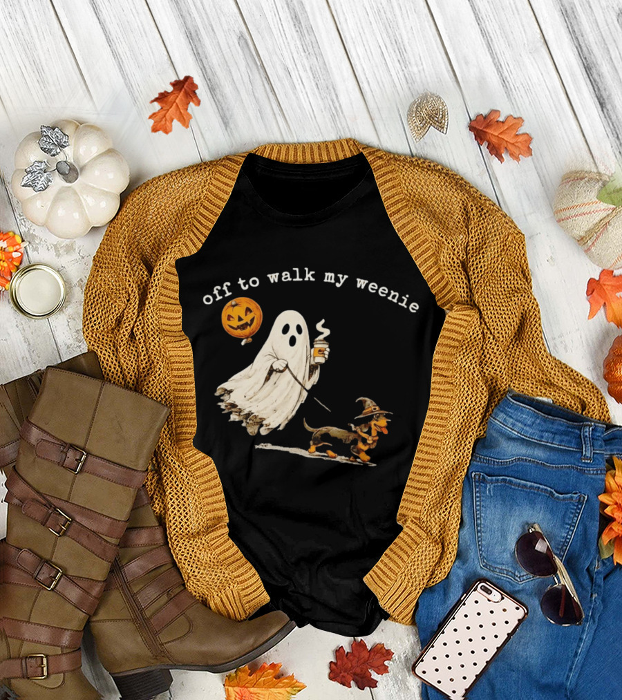 Ghost Walking With Pumpkin Balloon And Dachshund Halloween Fun T-Shirt