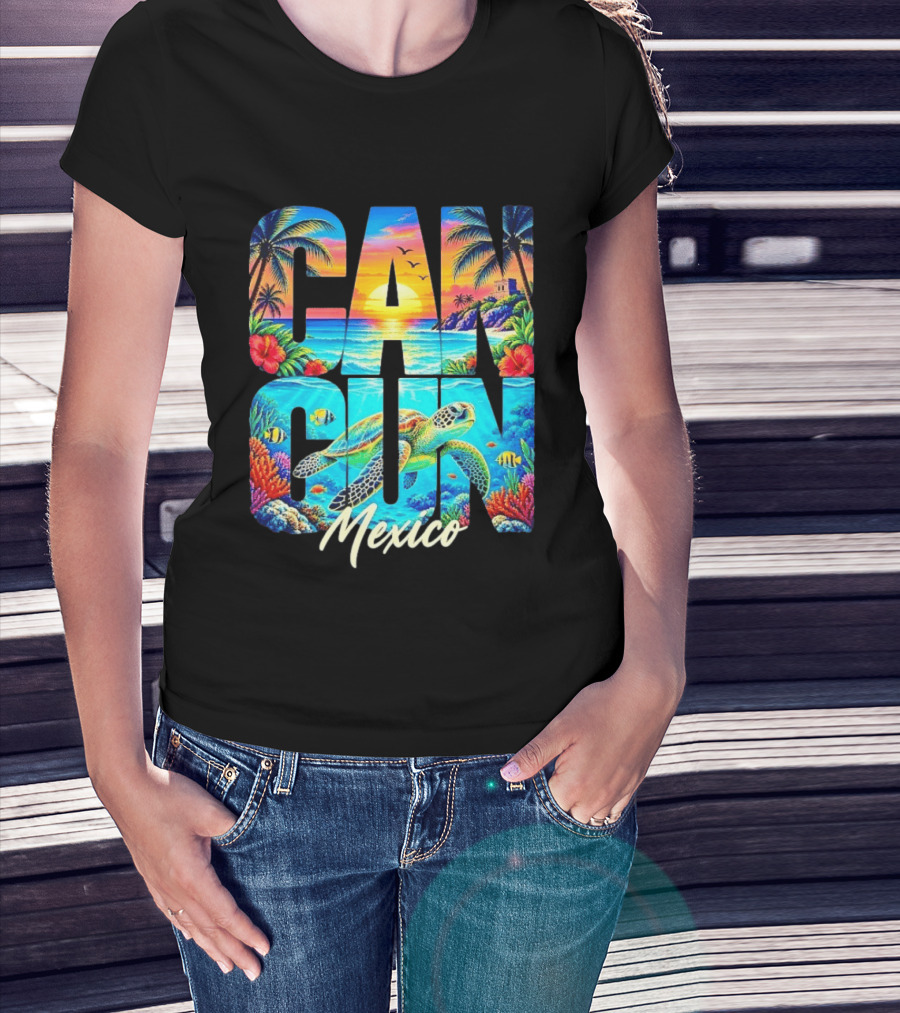 Cancun Mexico Tropical Sea Turtle Sunset Palm Trees Ocean Scene T-Shirt