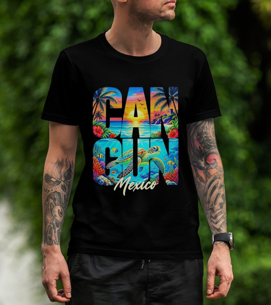 Cancun Mexico Tropical Sea Turtle Sunset Palm Trees Ocean Scene T-Shirt