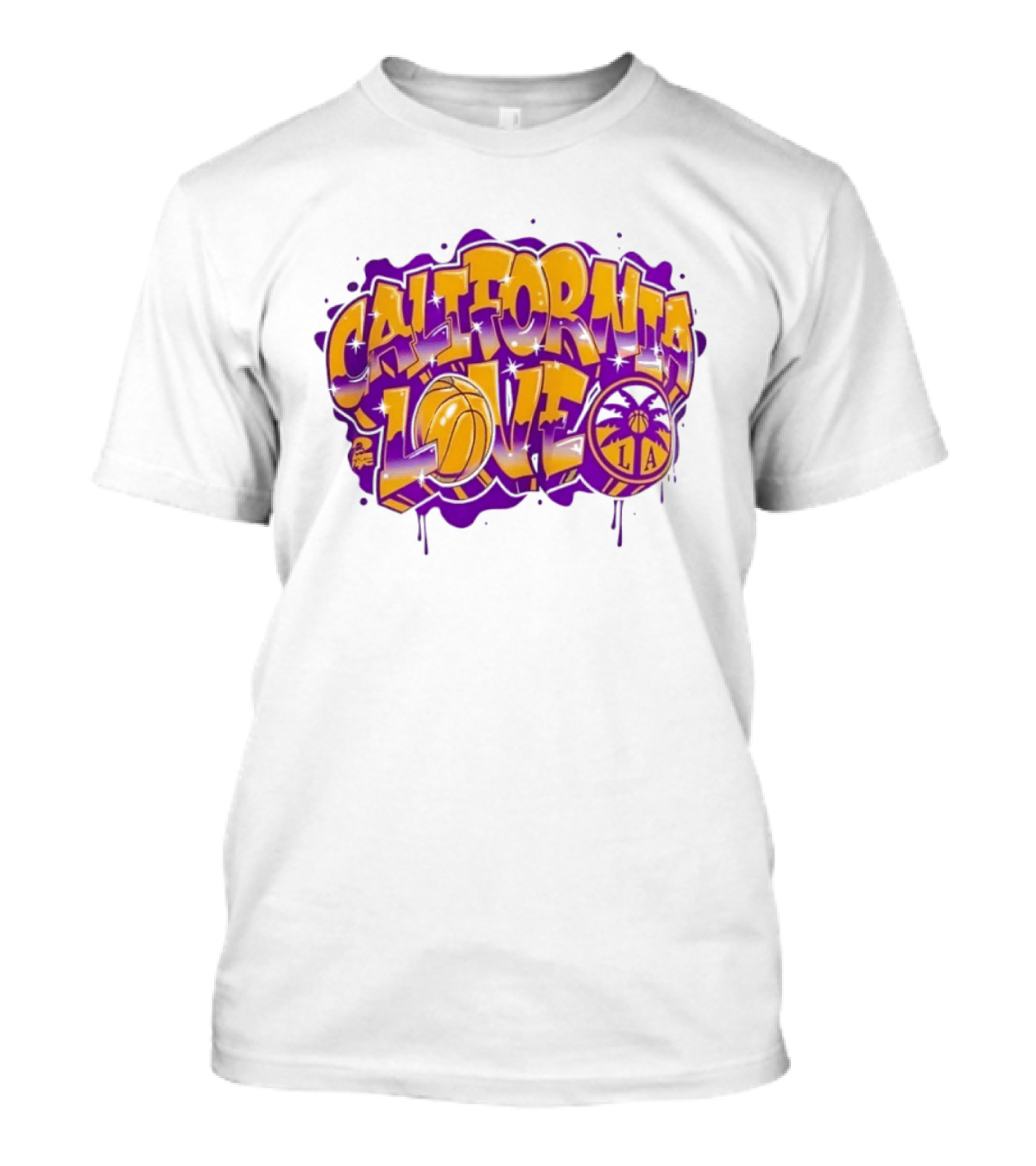California Love Los Angeles Basketball LA Graffiti Style With Palm Trees And Purple Basketball T-Shirt