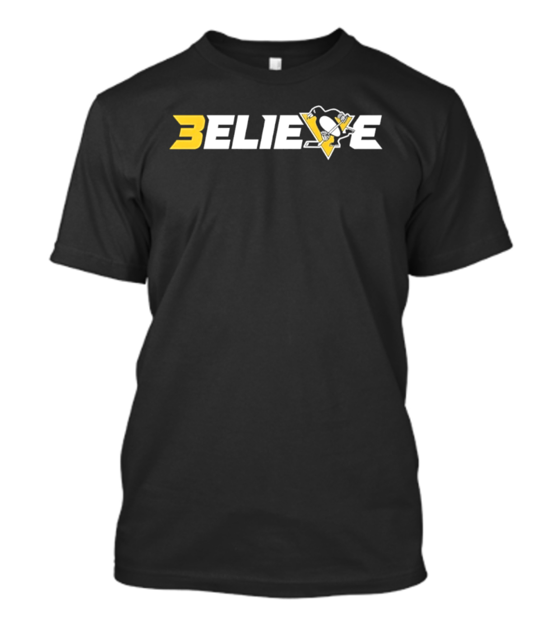 Pittsburgh Penguins Believe NHL Hockey Logo Triangular Yellow Black White Silhouette Iconic Team T-Shirt