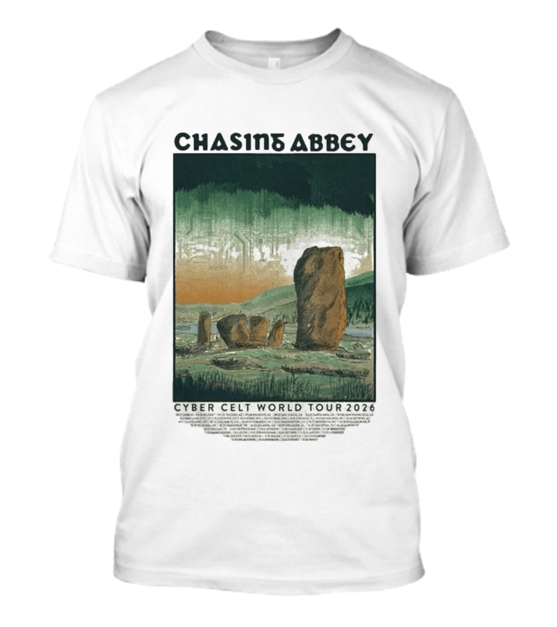 Chasins Abbey Cyber Celt World Tour 2026 Digital Stonehenge Landscape T-Shirt