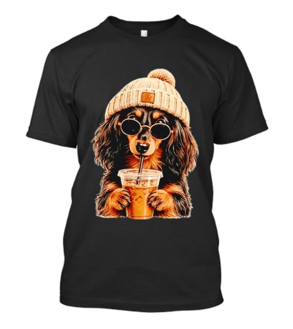 Dachshund Beanie Sunglasses Iced Coffee Trendy Dog Fashion T-Shirt