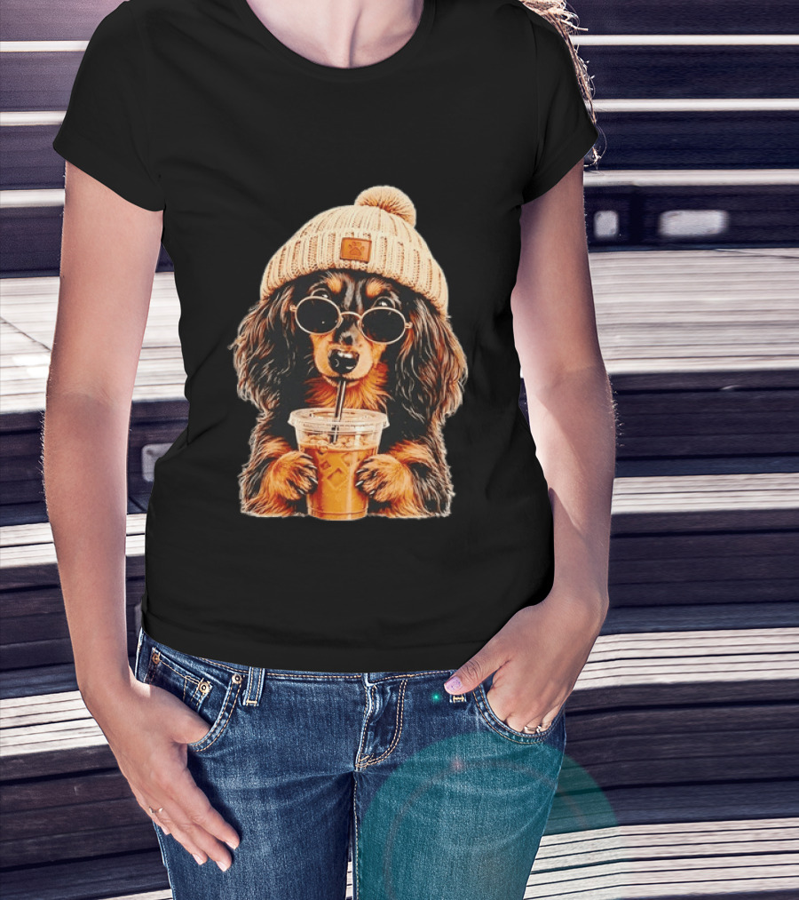 Dachshund Beanie Sunglasses Iced Coffee Trendy Dog Fashion T-Shirt
