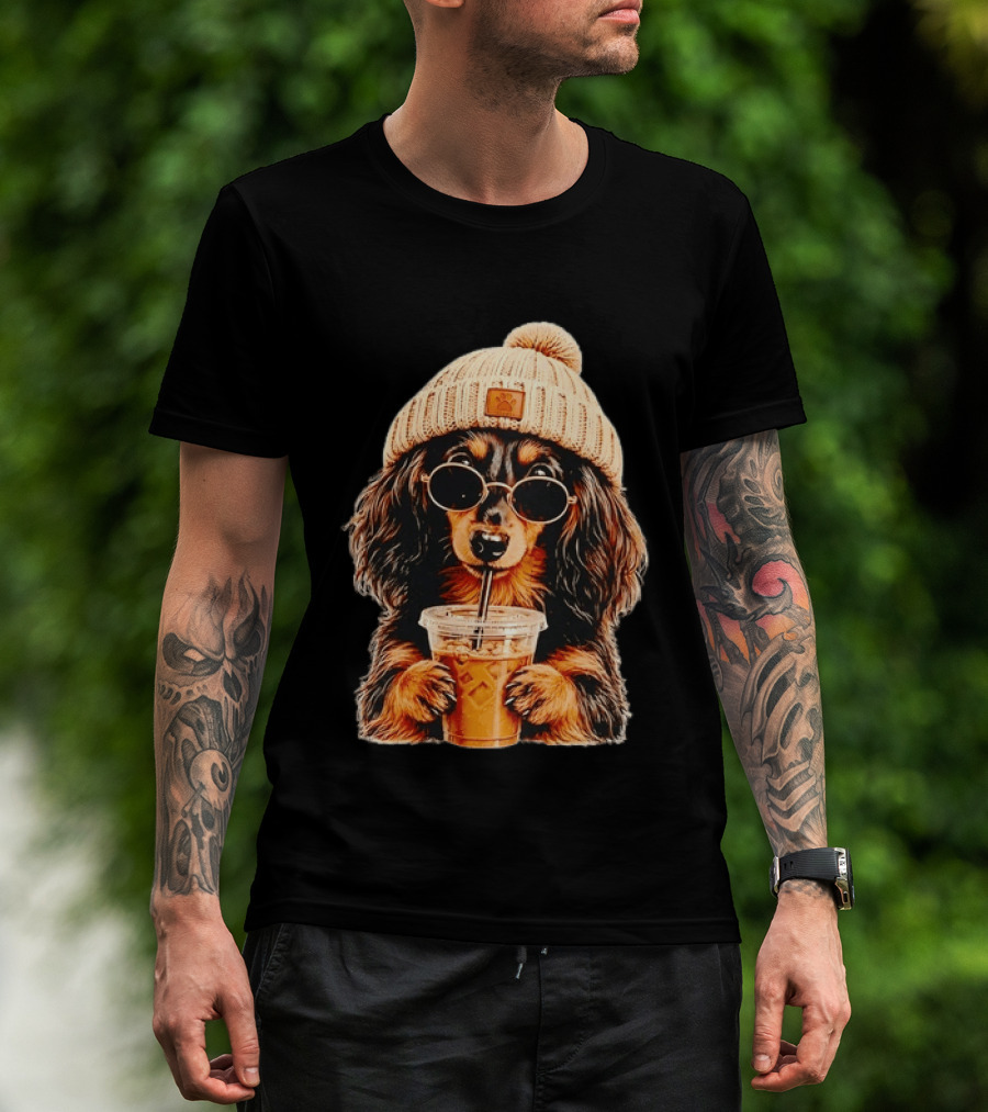 Dachshund Beanie Sunglasses Iced Coffee Trendy Dog Fashion T-Shirt
