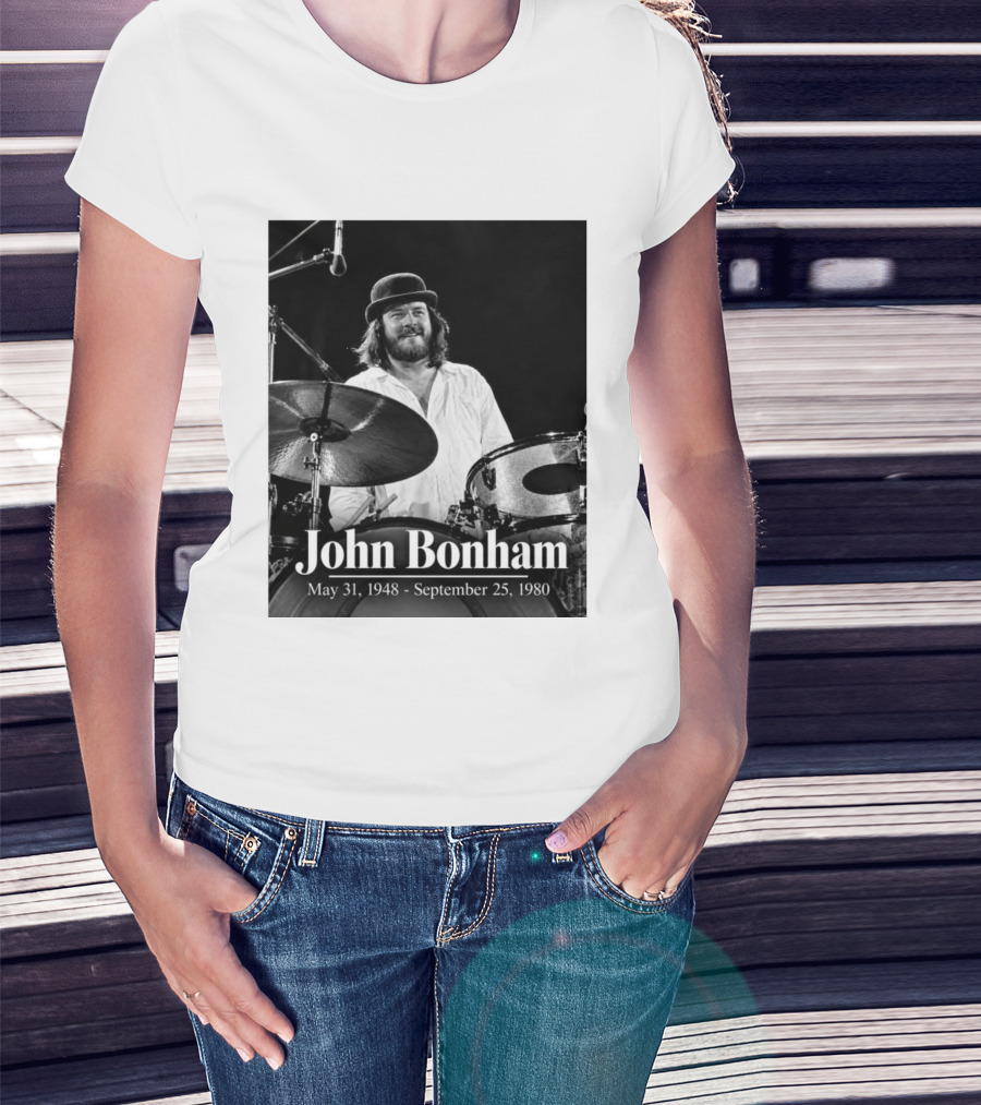 John Bonham May 31 1948 September 25 1980 Drummer Tribute Black And White Photo T-Shirt