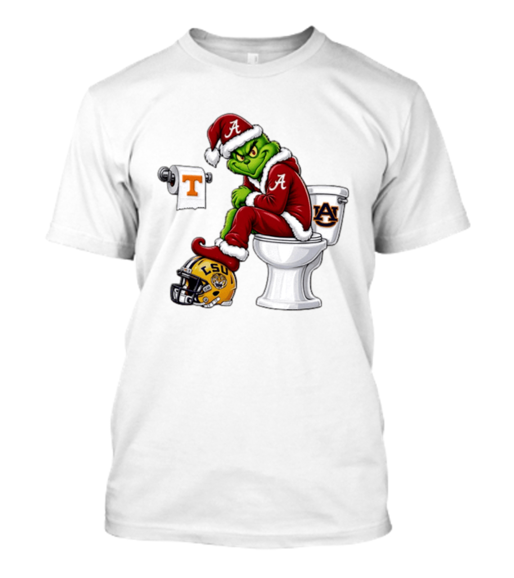 Alabama Crimson Tide Santa Grinch Sitting Auburn Toilet LSU Helmet Christmas T-Shirt