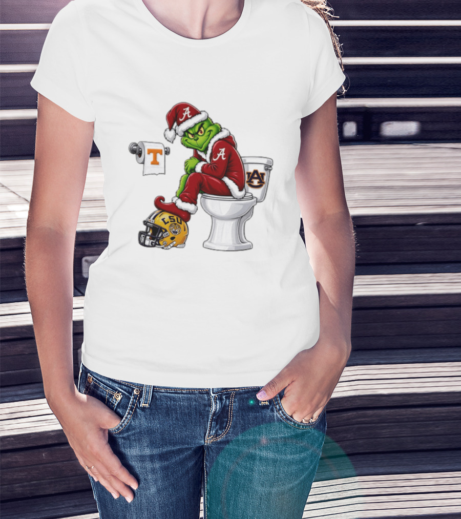 Alabama Crimson Tide Santa Grinch Sitting Auburn Toilet LSU Helmet Christmas T-Shirt