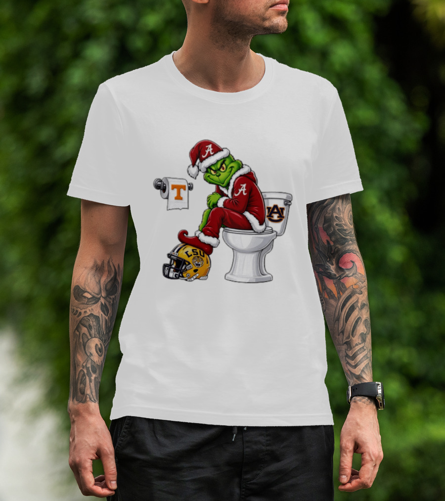 Alabama Crimson Tide Santa Grinch Sitting Auburn Toilet LSU Helmet Christmas T-Shirt