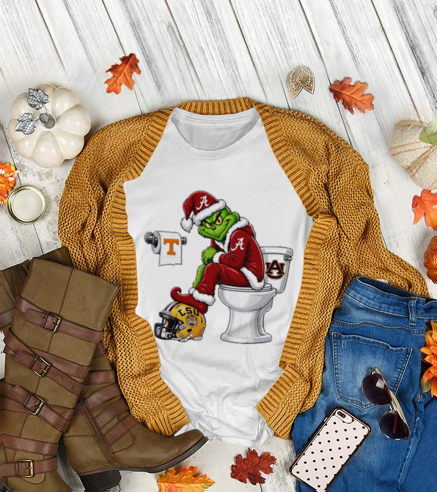 Alabama Crimson Tide Santa Grinch Sitting Auburn Toilet LSU Helmet Christmas T-Shirt