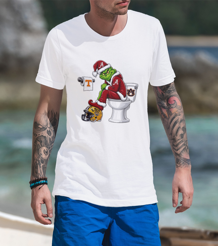 Alabama Crimson Tide Santa Grinch Sitting Auburn Toilet LSU Helmet Christmas T-Shirt