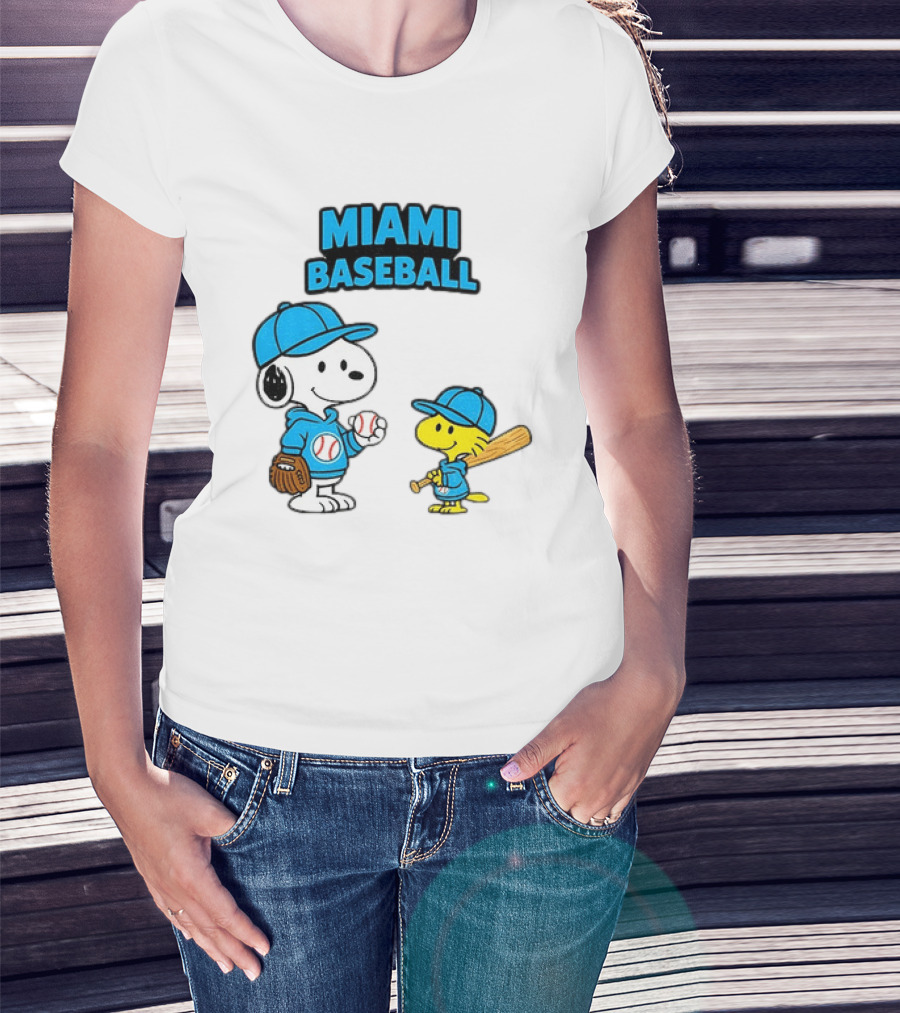 Snoopy Woodstock Miami Baseball Peanuts Cartoon MLB T-Shirt