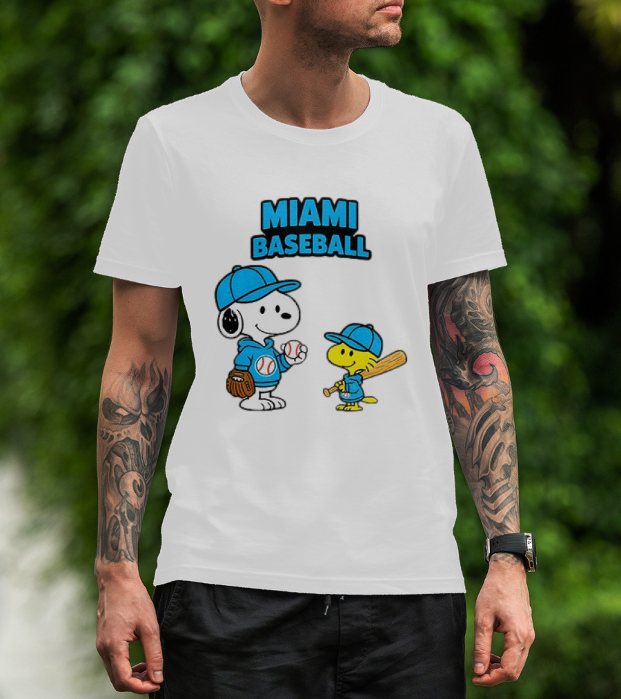 Snoopy Woodstock Miami Baseball Peanuts Cartoon MLB T-Shirt