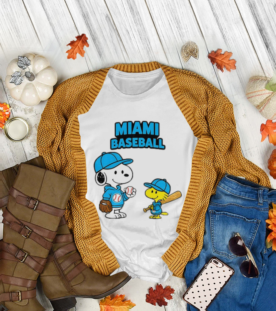 Snoopy Woodstock Miami Baseball Peanuts Cartoon MLB T-Shirt