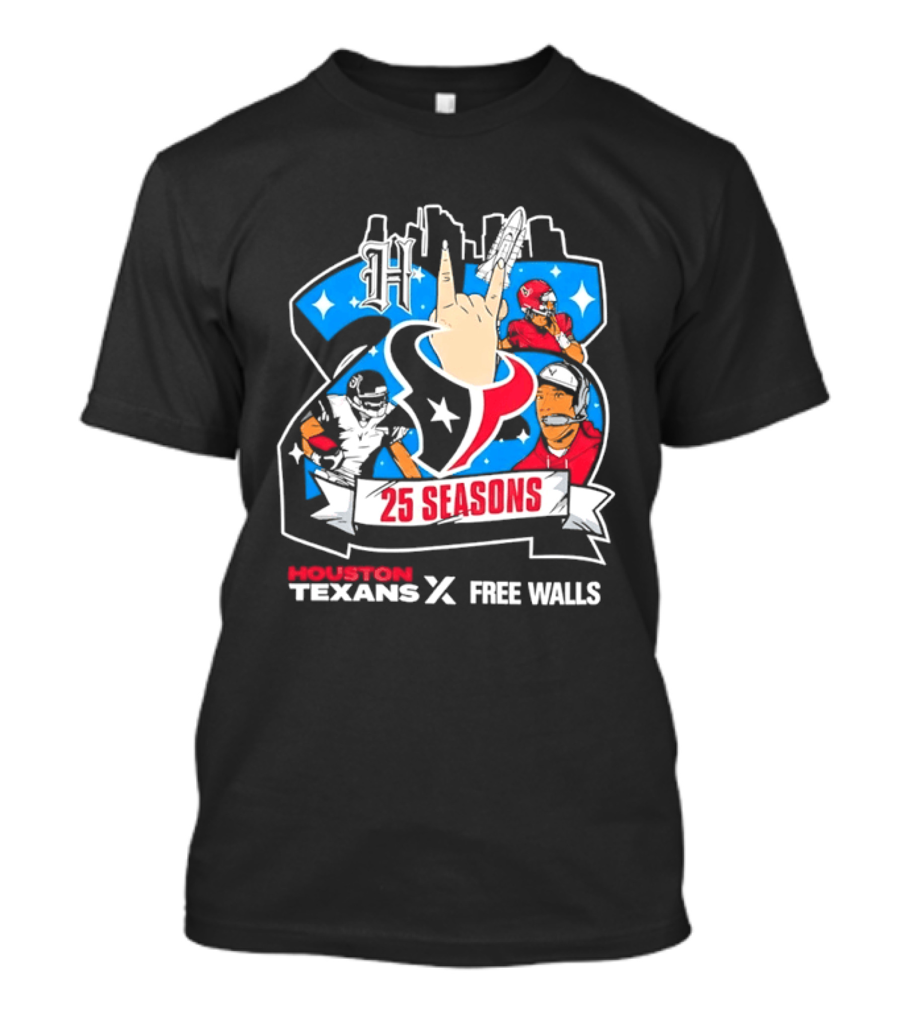 Houston Texans 25 Seasons Collaboration Free Walls Celebration T-Shirt