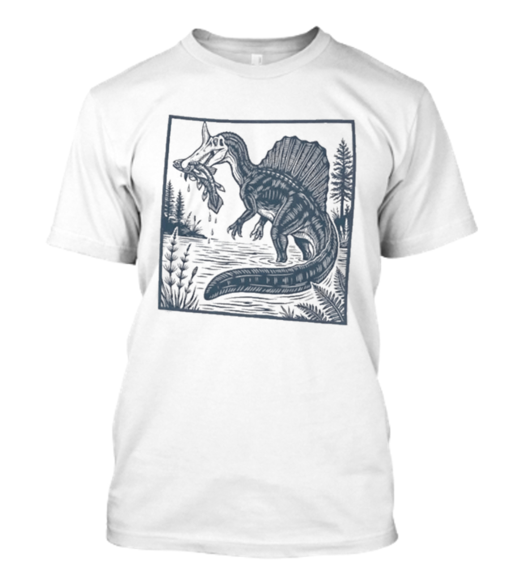 Spinosaurus Catching Fish With Forest T-Shirt
