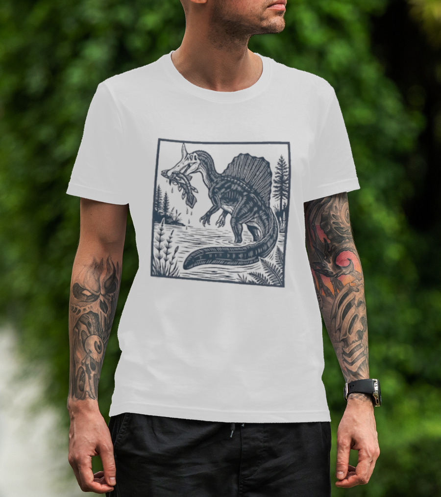 Spinosaurus Catching Fish With Forest T-Shirt