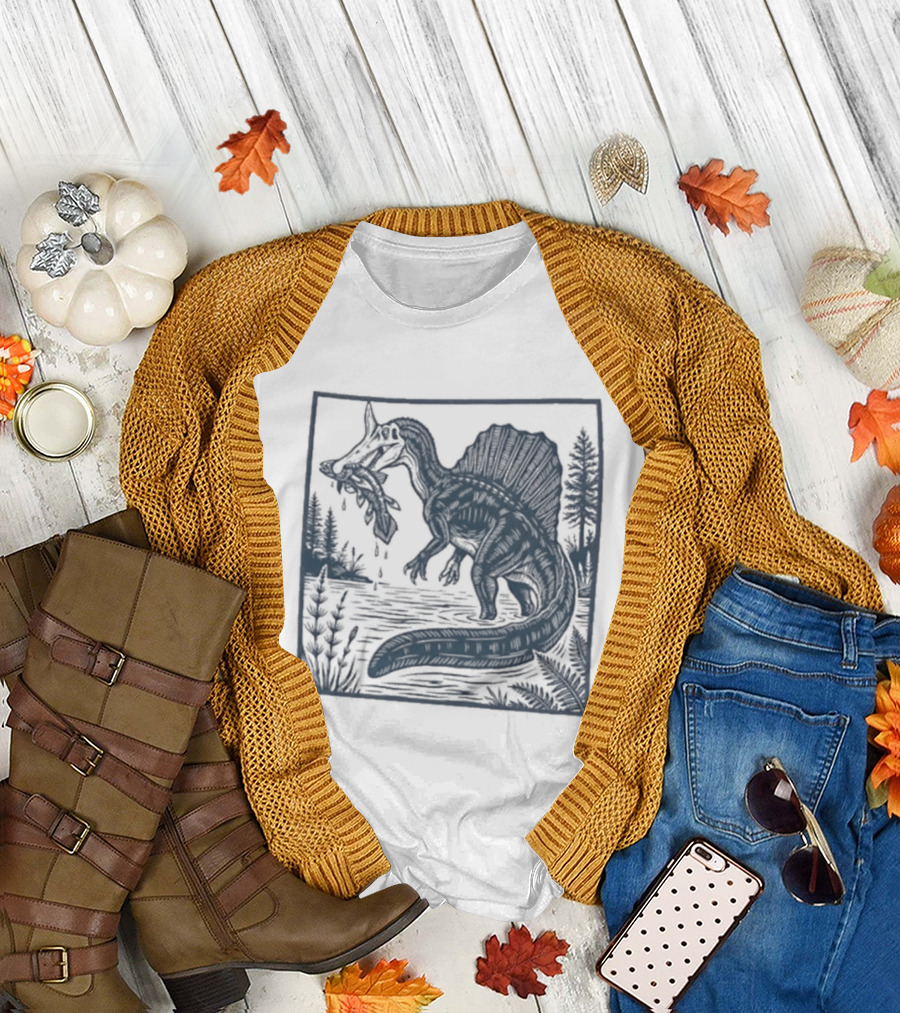 Spinosaurus Catching Fish With Forest T-Shirt