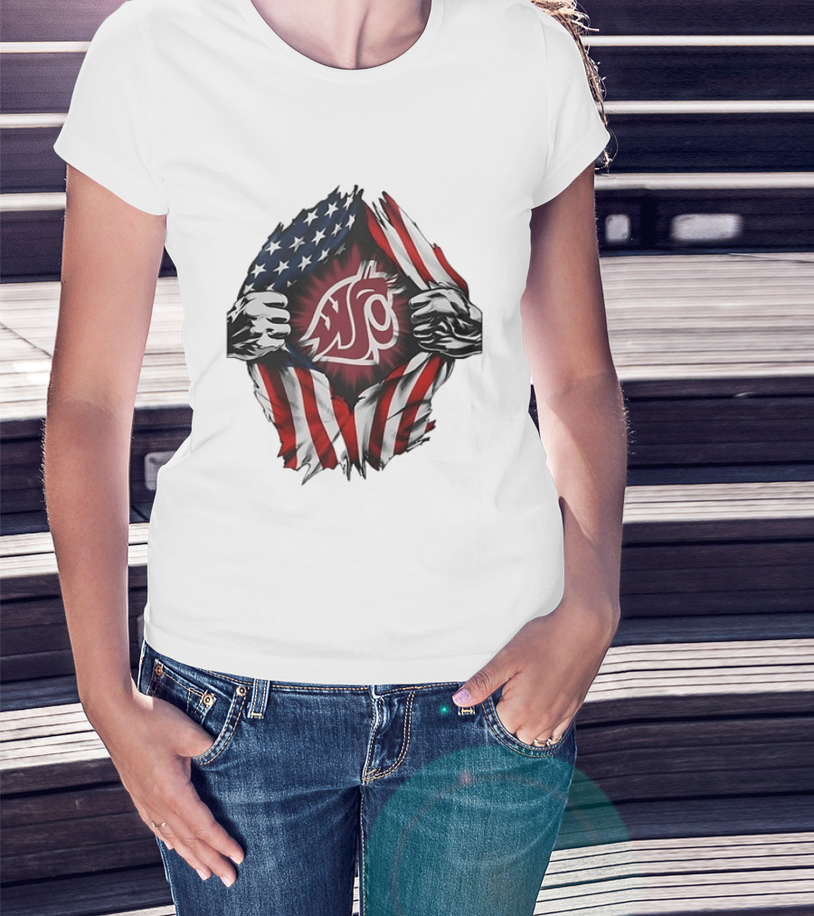 Washington State University Cougars American Flag Ripped Chest T-Shirt