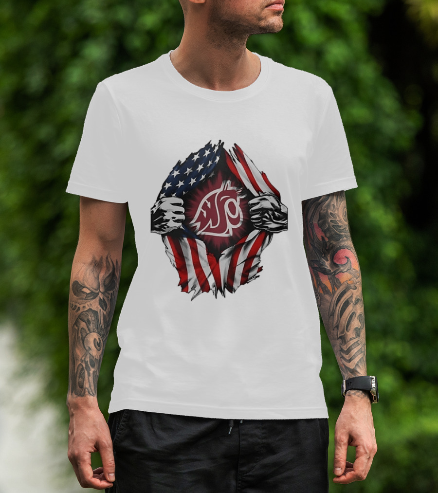 Washington State University Cougars American Flag Ripped Chest T-Shirt