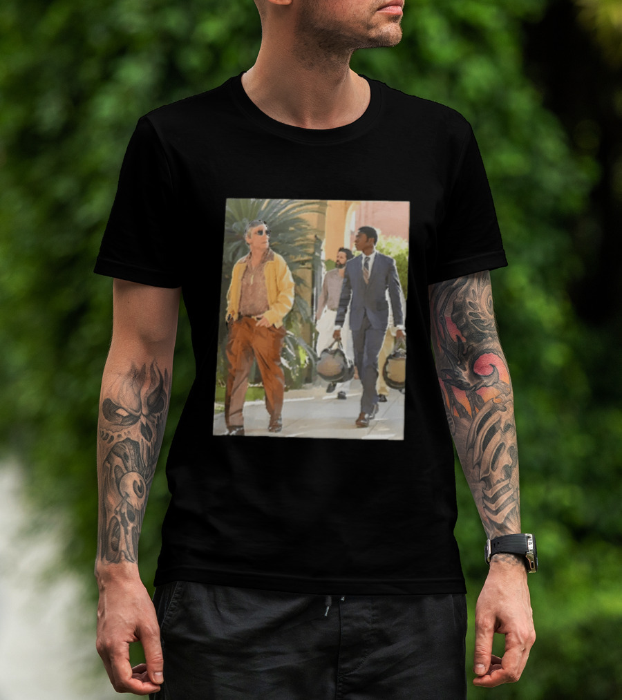 Men In Stylish Outfits Walking Outdoors With Bags T-Shirt
