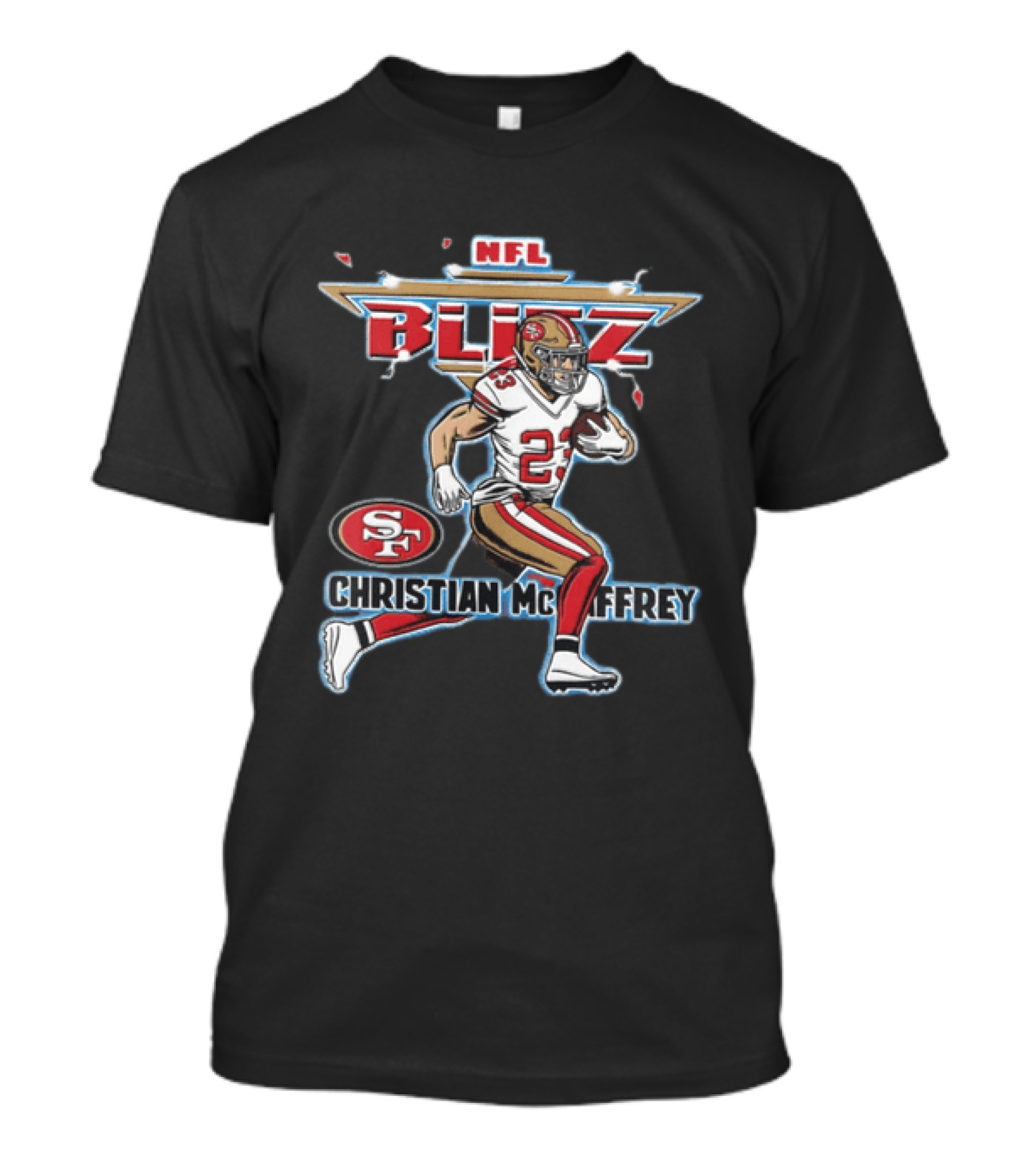 NFL Blitz 23 Christian McCaffrey San Francisco 49ers Football Player Running With Ball T-Shirt