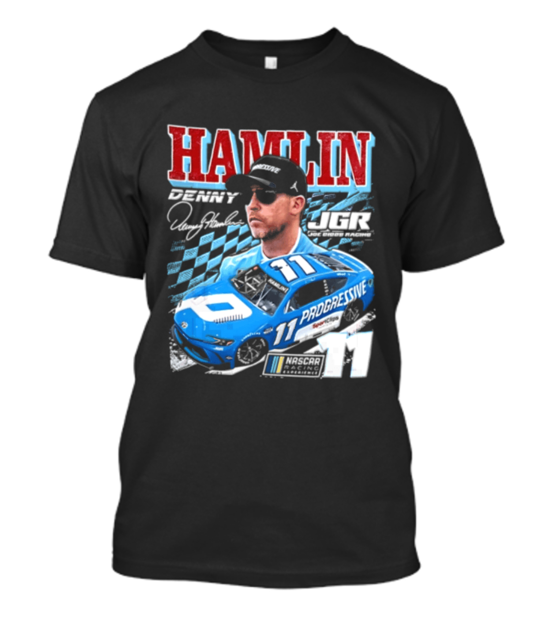 Denny Hamlin Joe Gibbs Racing NASCAR Progressive 11 Racer With Signature And Sunglasses T-Shirt