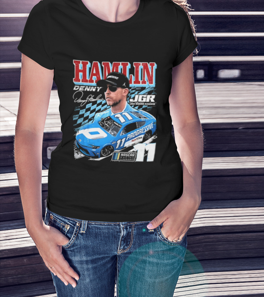 Denny Hamlin Joe Gibbs Racing NASCAR Progressive 11 Racer With Signature And Sunglasses T-Shirt