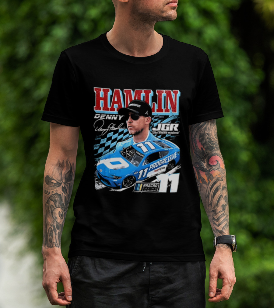Denny Hamlin Joe Gibbs Racing NASCAR Progressive 11 Racer With Signature And Sunglasses T-Shirt