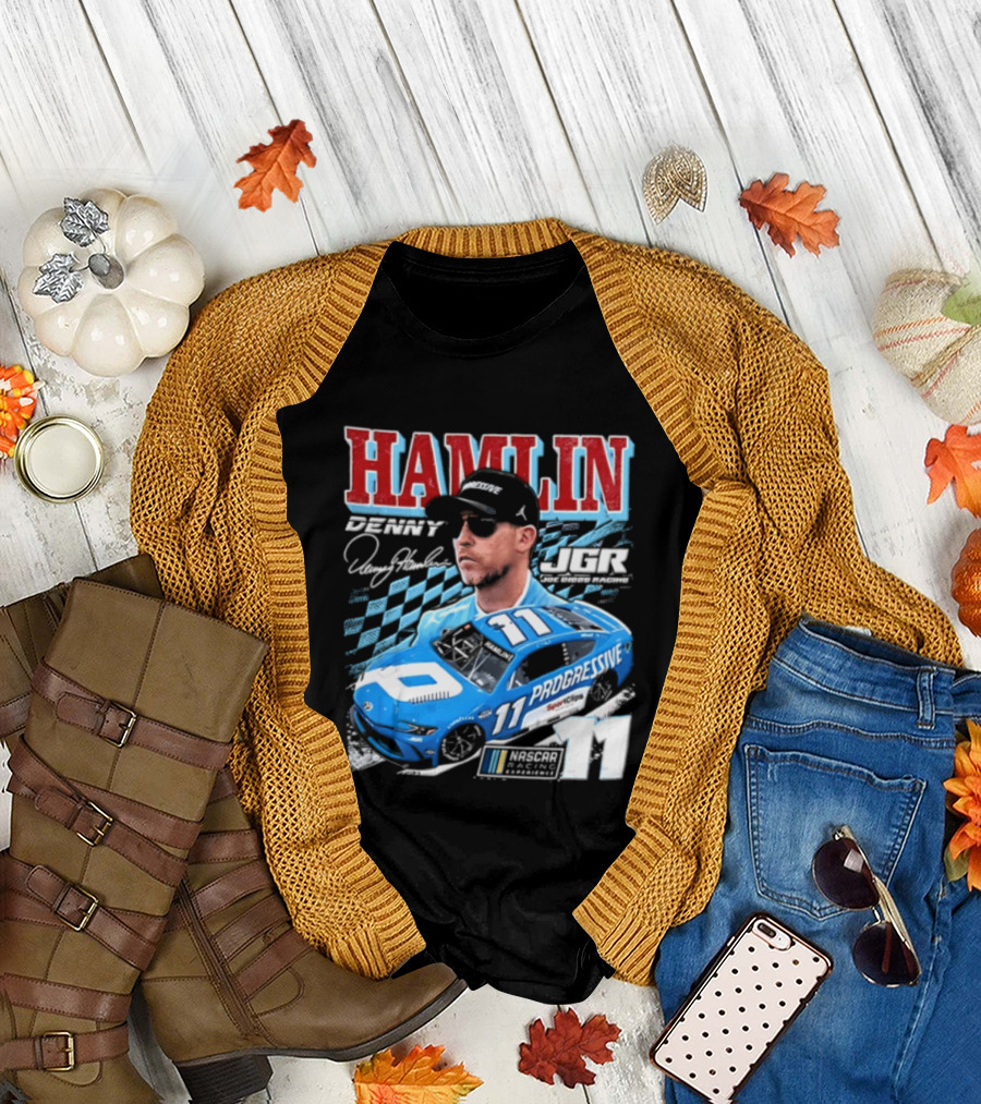 Denny Hamlin Joe Gibbs Racing NASCAR Progressive 11 Racer With Signature And Sunglasses T-Shirt
