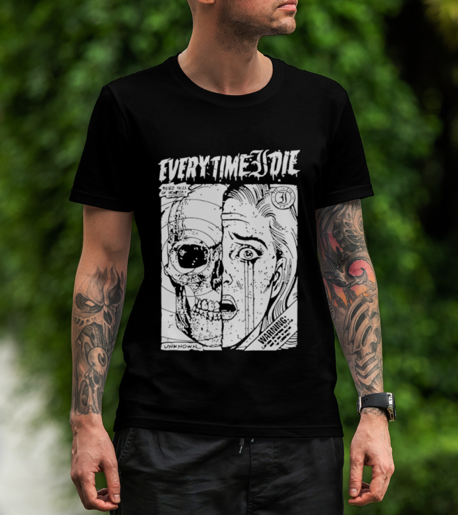 Every Time I Die Weird Tales Horror Warning Skull Face Half Human T-Shirt