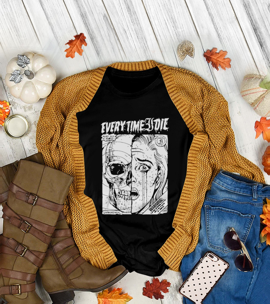 Every Time I Die Weird Tales Horror Warning Skull Face Half Human T-Shirt