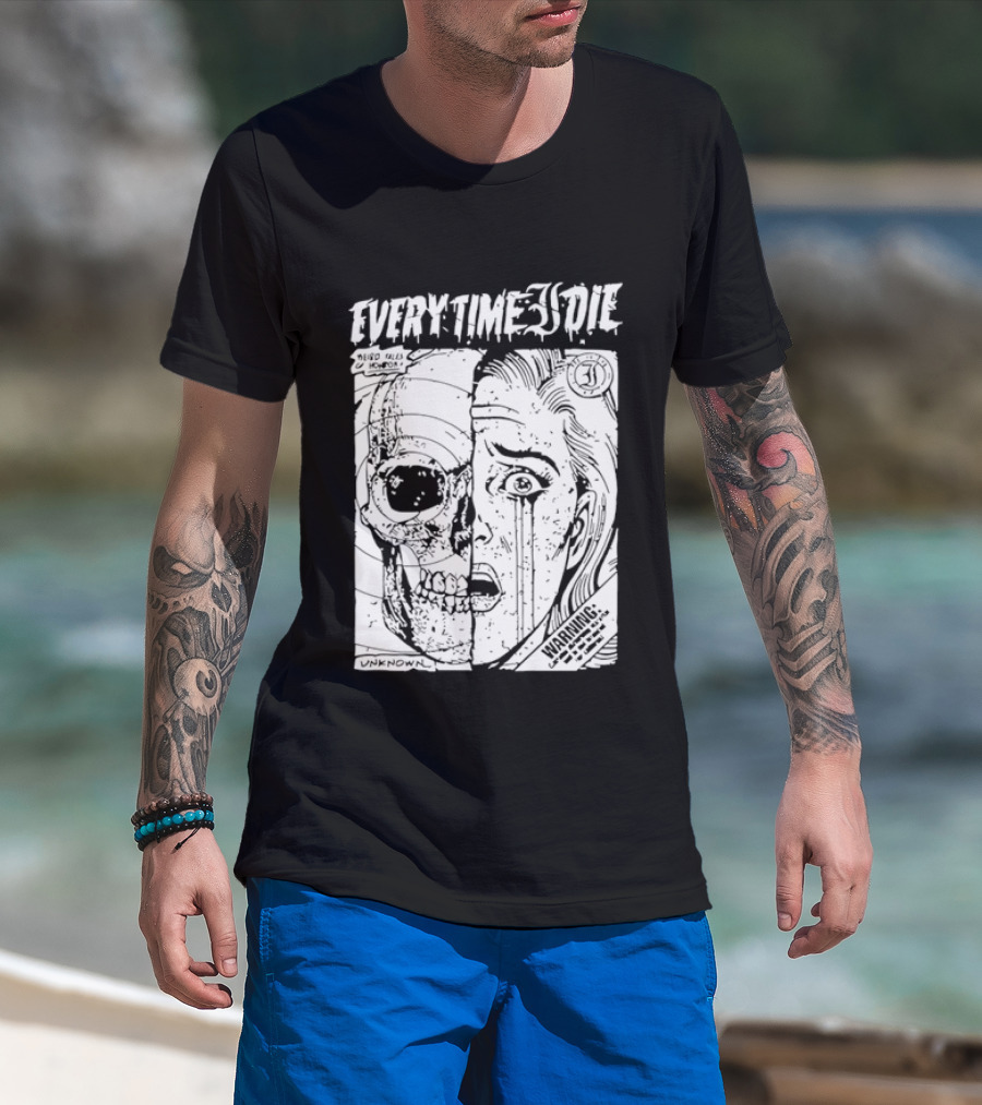 Every Time I Die Weird Tales Horror Warning Skull Face Half Human T-Shirt