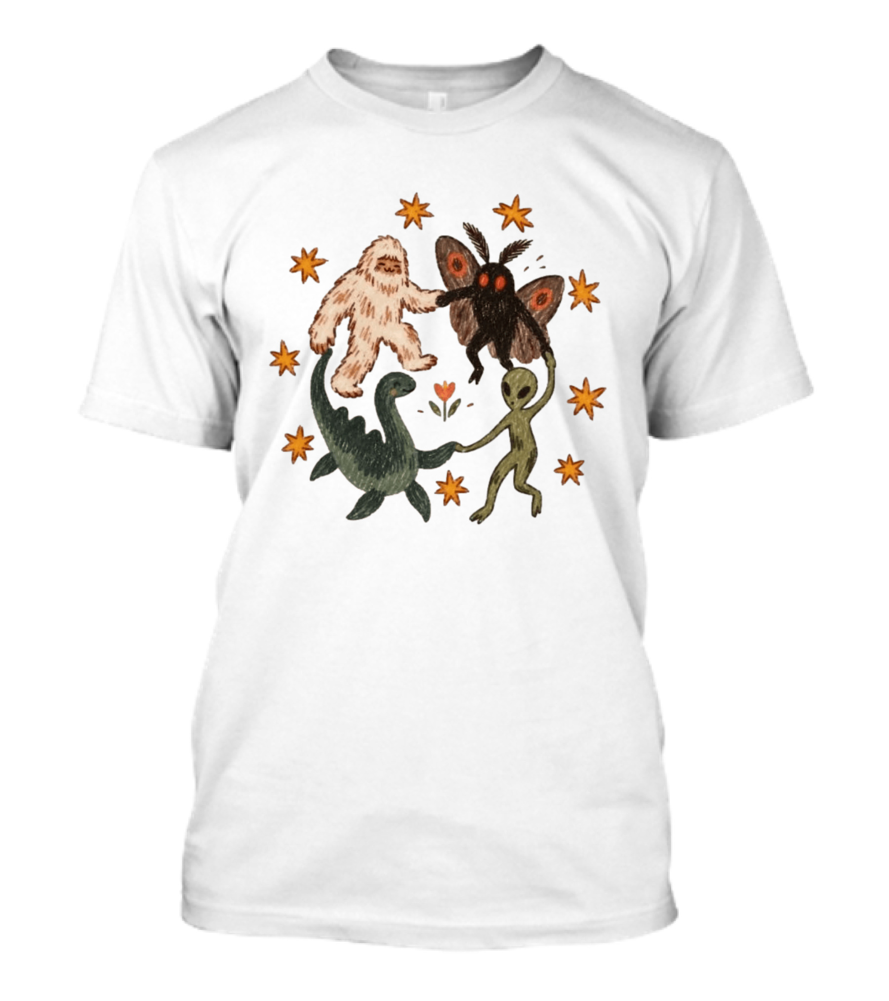 Bigfoot Mothman Loch Ness Monster Alien Dancing Cryptids With Stars T-Shirt