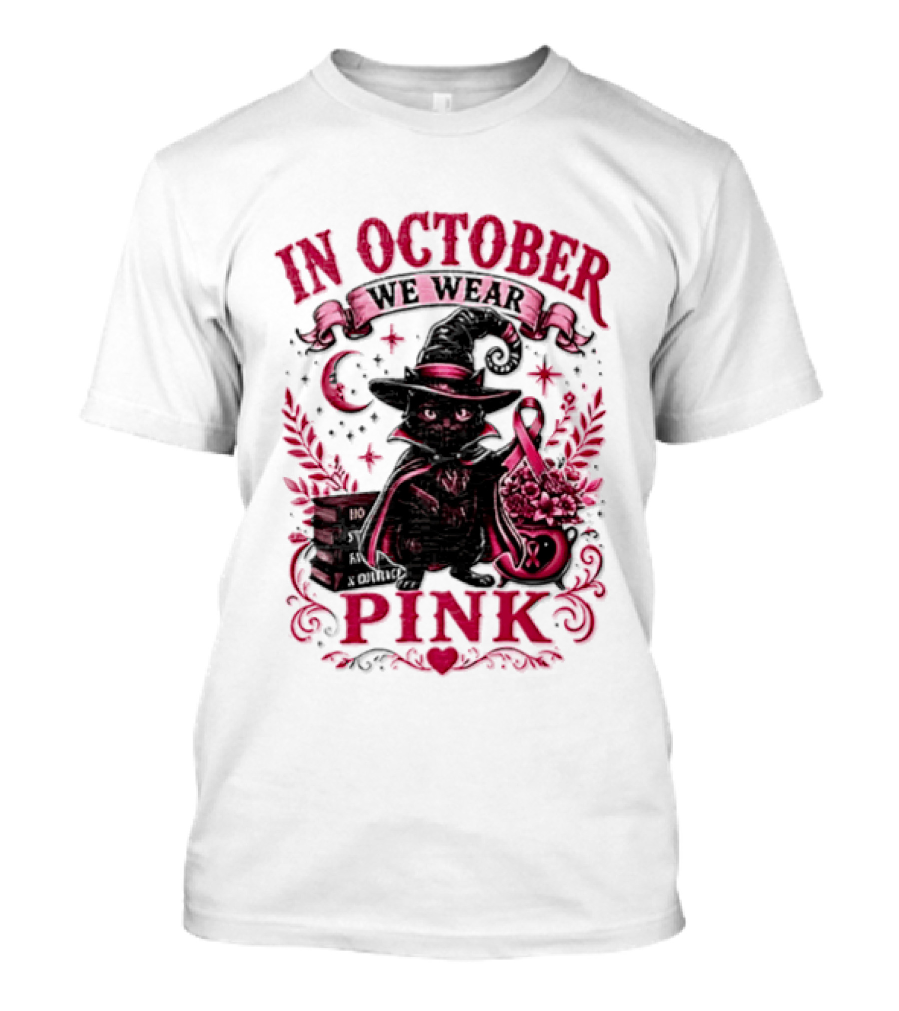 In October We Wear Pink Black Cat Witch Breast Cancer Awareness Month T-Shirt