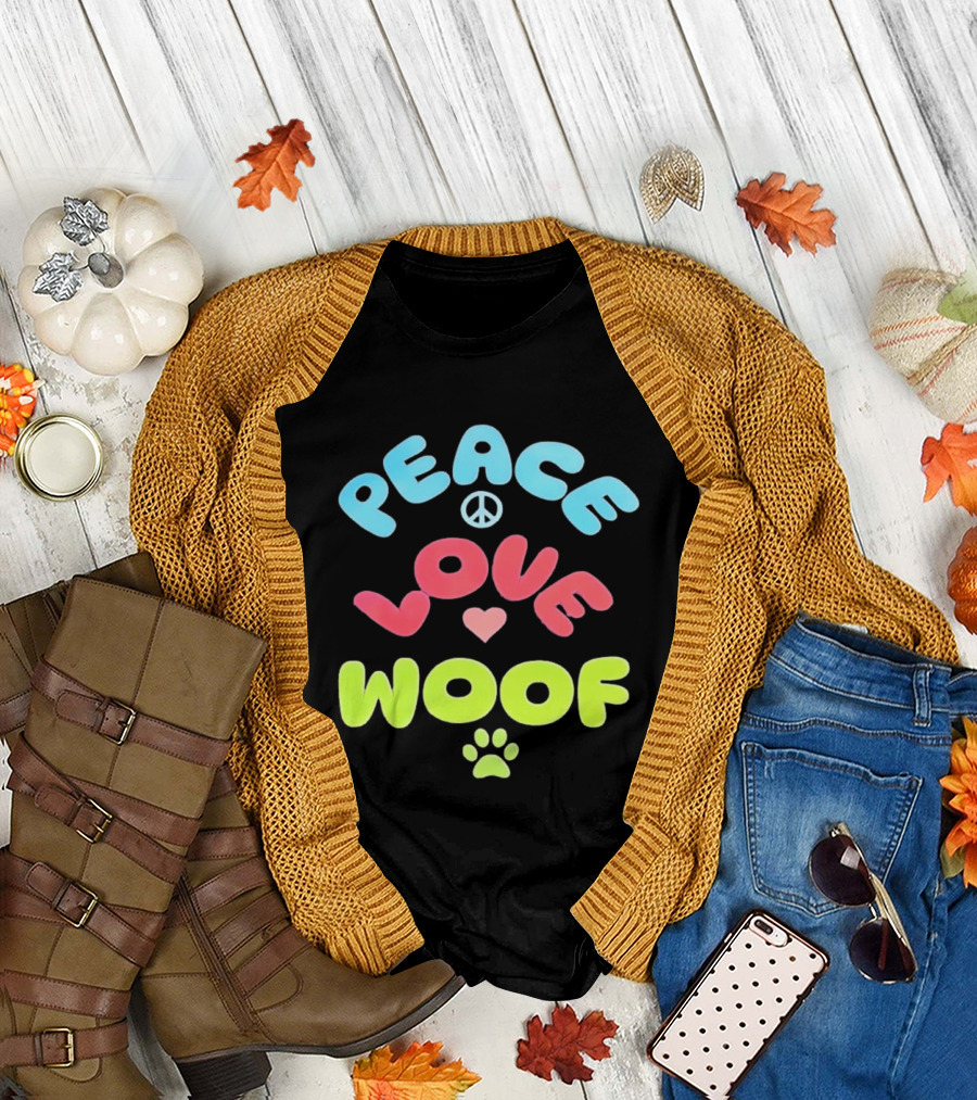 Peace Love Woof Paw Dog Lover Peace Sign Heart T-Shirt