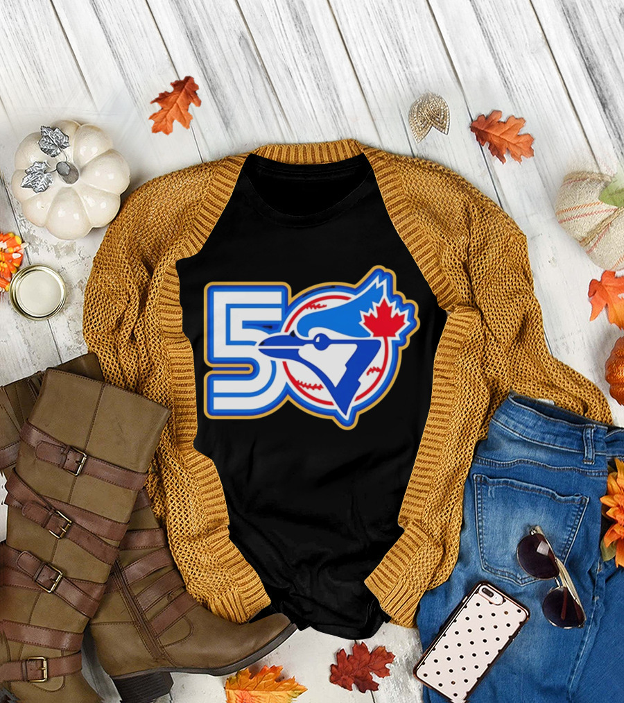 Toronto Blue Jays 50th Anniversary Logo With Maple Leaf And Baseball T-Shirt