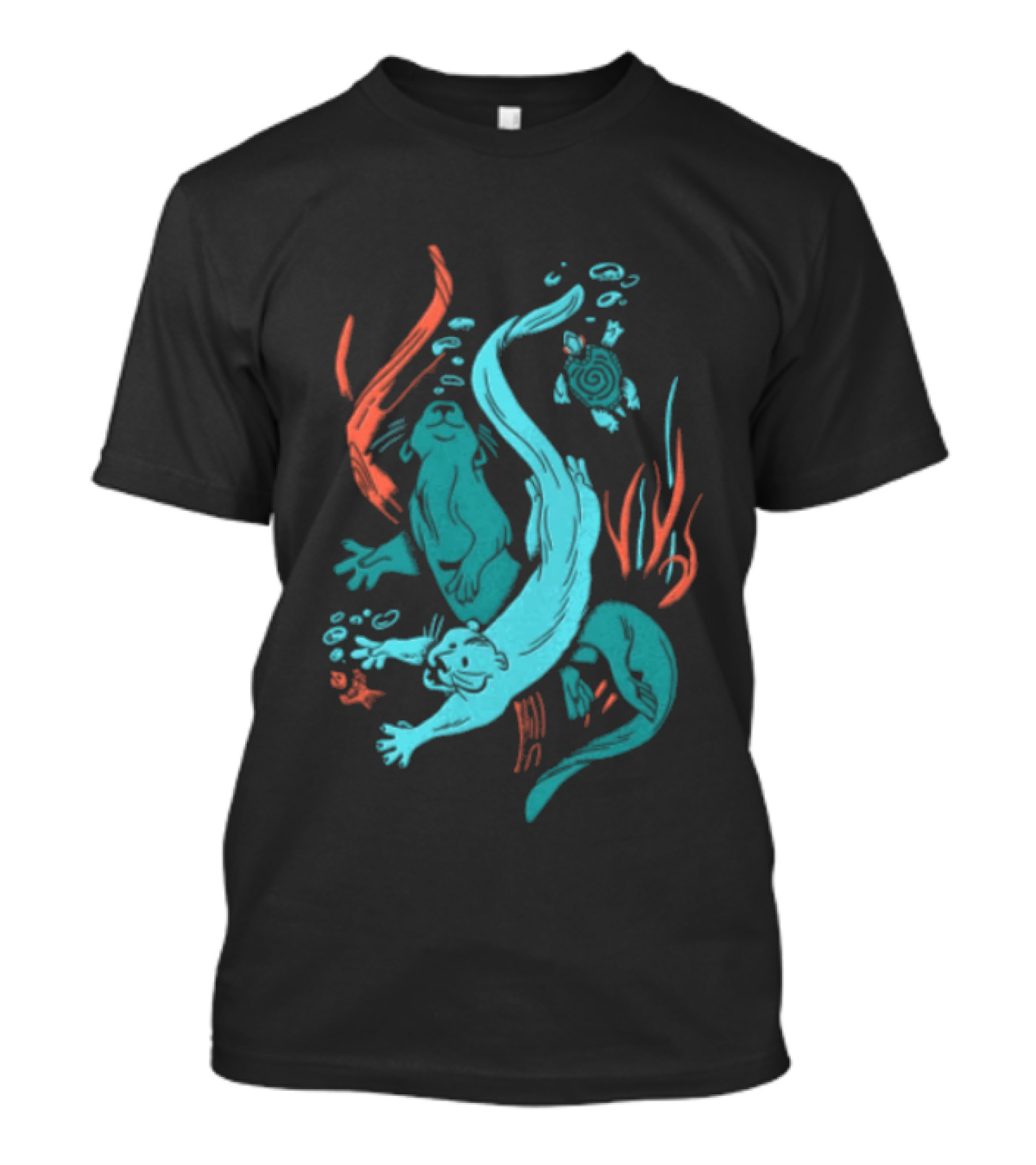 Two Otters Swimming Underwater With Turtle And Seaweed T-Shirt
