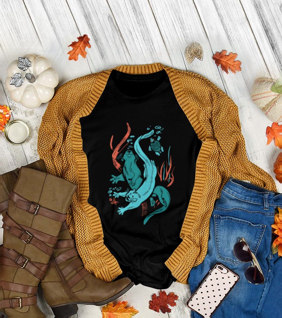 Two Otters Swimming Underwater With Turtle And Seaweed T-Shirt