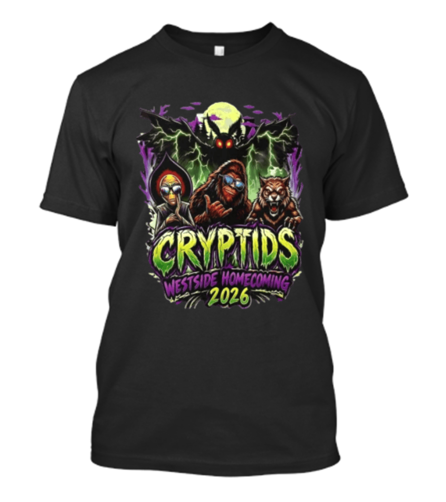 Cryptids Alien Bigfoot Werewolf Mothman Westside Homecoming 2026 Moon Lightning T-Shirt