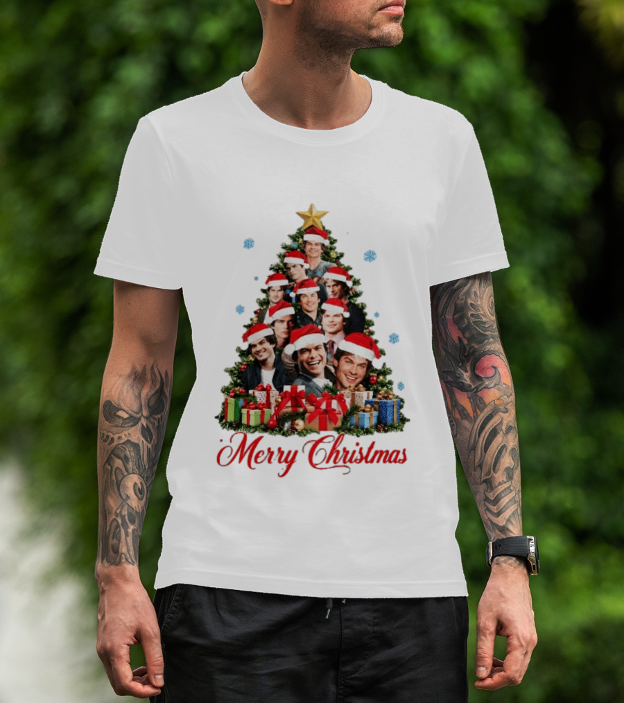 Merry Christmas All I Want For Christmas Is Damon Salvatore Santa Hat Christmas Tree T-Shirt