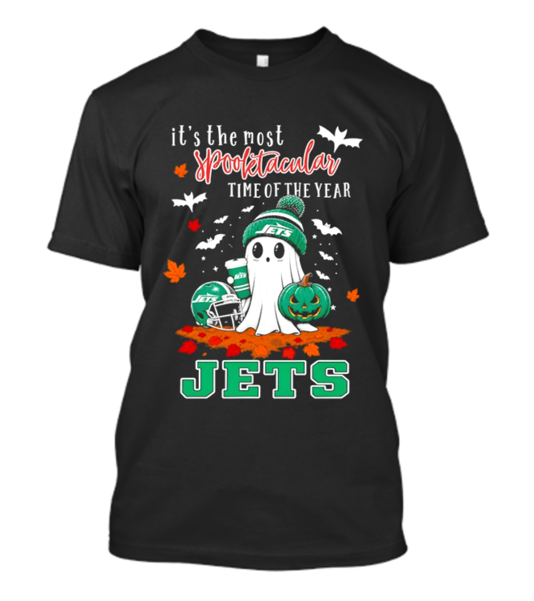 New York Jets Halloween Spooktacular Time Of The Year Football Ghost And Pumpkin T-Shirt