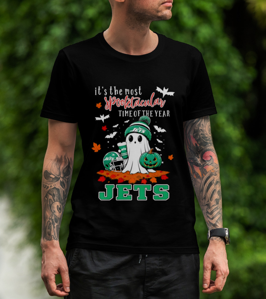 New York Jets Halloween Spooktacular Time Of The Year Football Ghost And Pumpkin T-Shirt
