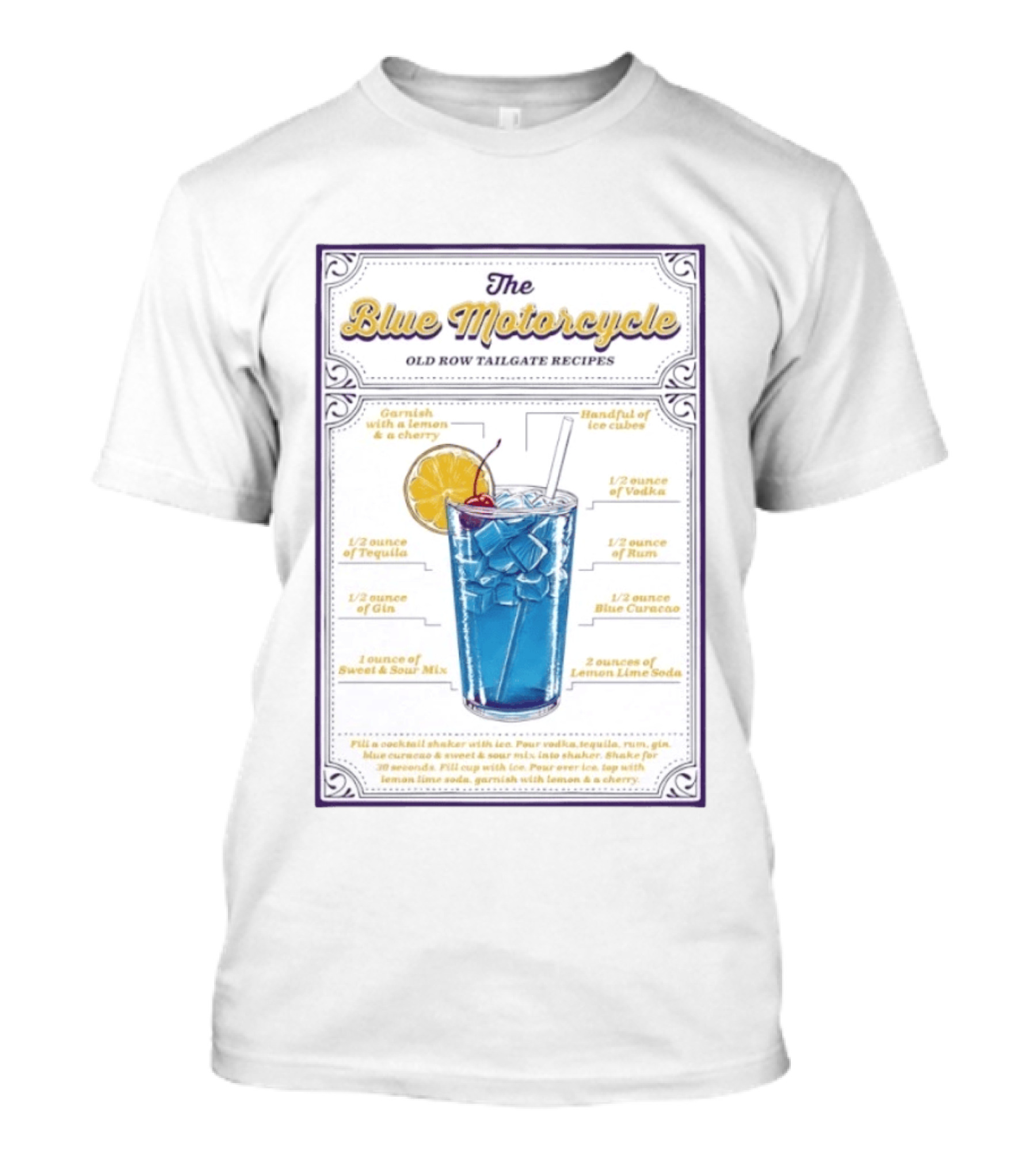 The Blue Motorcycle Old Row Tailgate Cocktail Recipe Guide With Vodka Rum Tequila Gin Blue Curacao Lemon Lime Soda T-Shirt