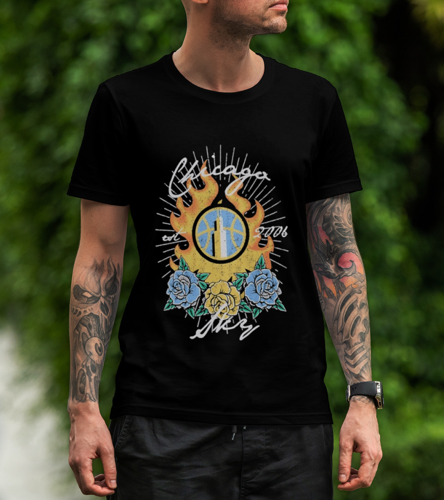 Chicago Sky Est 2006 WNBA Distressed Floral Basketball Flame T-Shirt