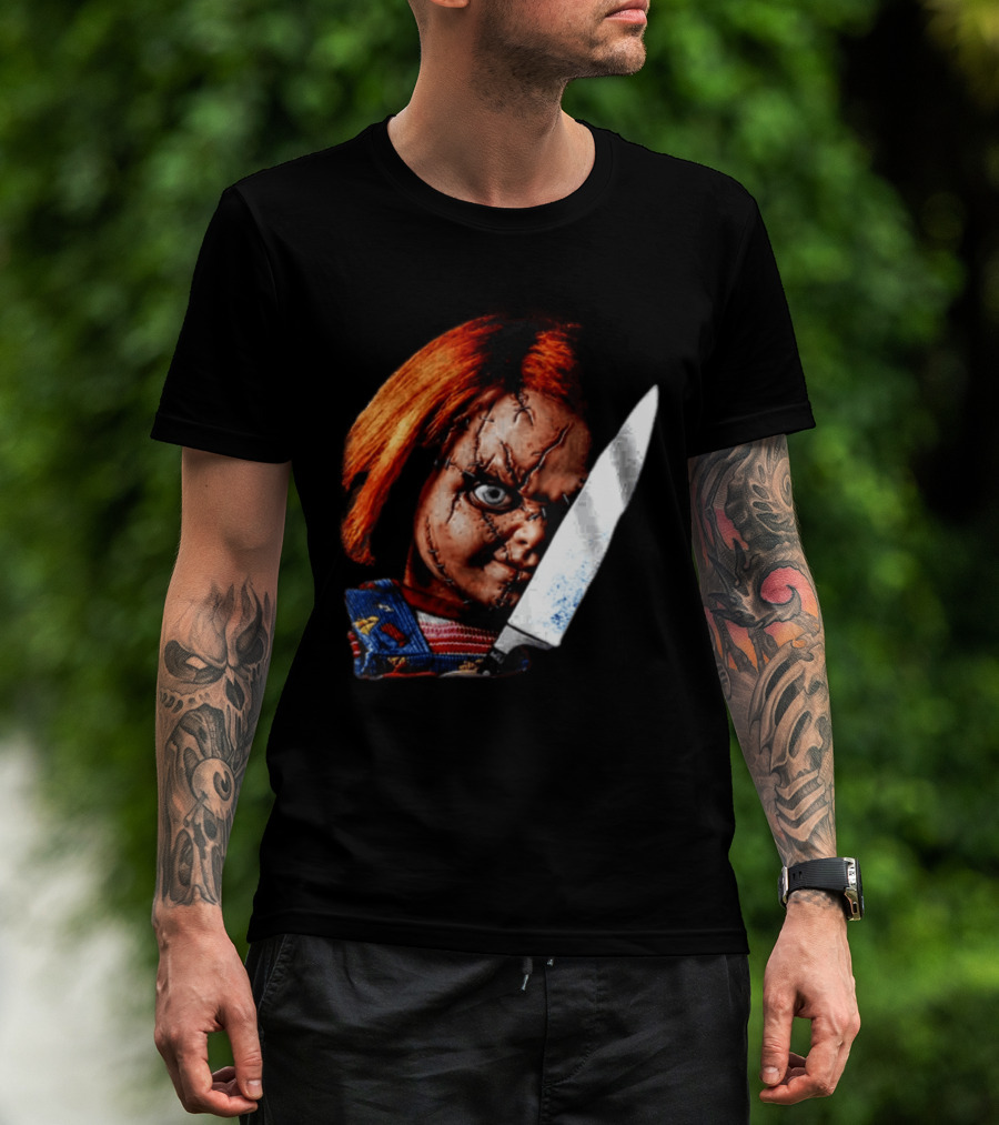 Chucky Child's Play Stitched Doll Knife Horror Movie Character 2 Sided T-Shirt