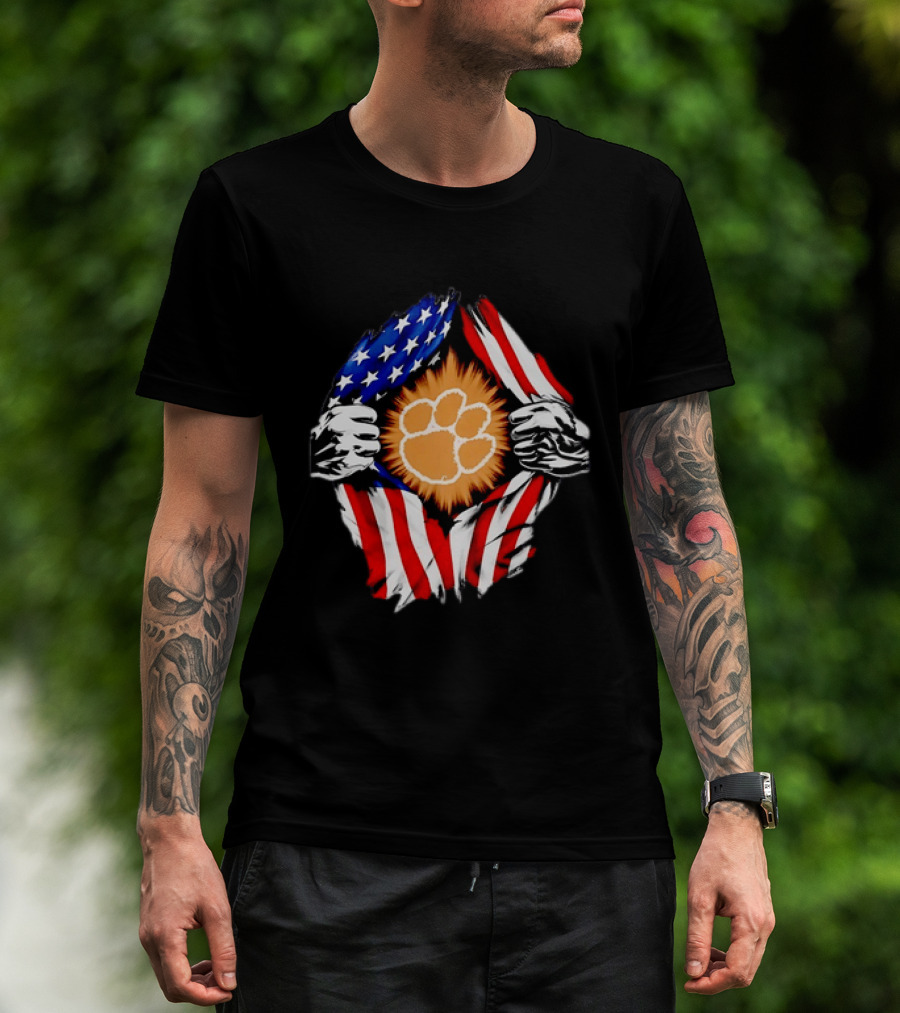 Clemson Tigers Paw Print Ripped American Flag T-Shirt