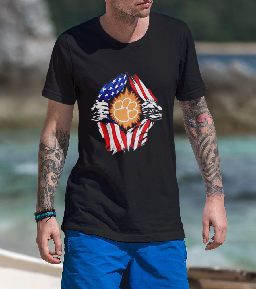 Clemson Tigers Paw Print Ripped American Flag T-Shirt