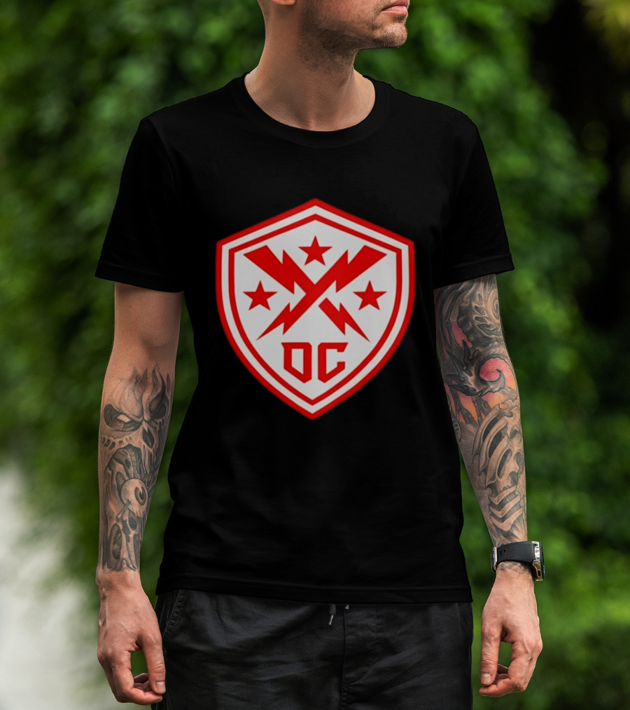 DC Shield Lightning Bolts Stars Emblem Red White T-Shirt